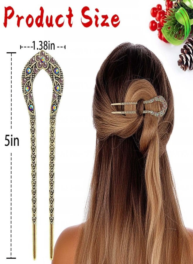 Outyua 2PCS French Hair Pin for Women Vintage French Twist Hair Pin with Rhinestone Crystal Metal U Shaped Hair Fork Chignon Hairpin - Image 4